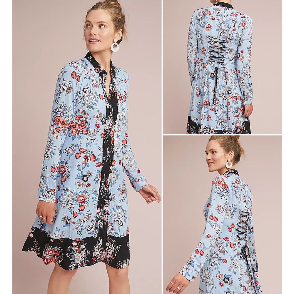 Anthropologie x Maeve Leyster Blue Floral Corset Back Shirtdress - Size 10